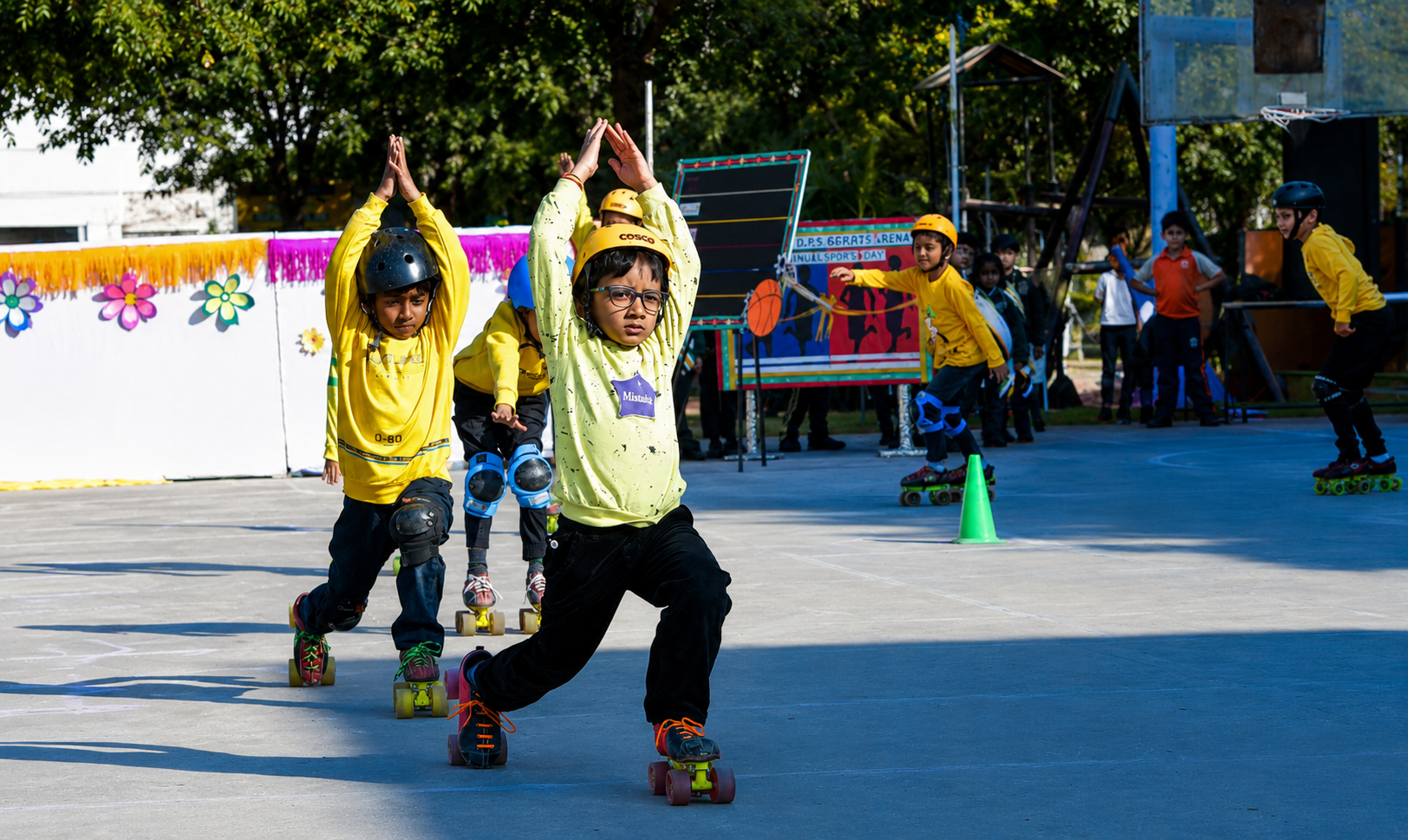 DPS Agra students roller skating with helmets during Junoon art and play event